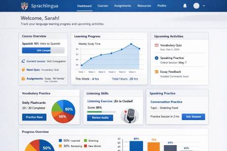 A mockup of the e-Sprachlingua LMS dashboard on a laptop and phone