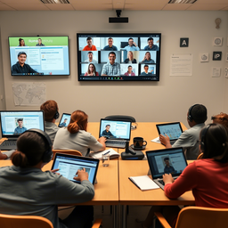 A person happily participating in an online class on a laptop.